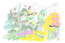 splatoonus:  You may remember our grand prize winner in the Splatoon Art Contest depicted a scene of Inklings riding a subway. The Splatoon developers were kind enough to send over this piece of art, which they say shows the moment one second after the