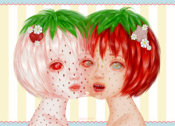 saccstry:  Ahhh tumblr really isn’t kind to horizontal images, it looks so tiny and blurry ;A; Full view please! Anyways inspired by the photos I’ve seen of fused strawberries, mutant strawberries, etc. But this is a strawberry and a white strawberry