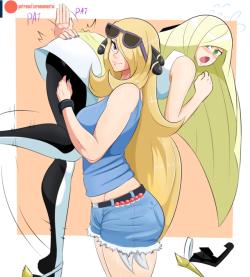 zeromomentaii:   Cynthia &amp; Lusamine fun.  Cynthia’s gunna show Lusamine how to be a good mom. These two are fun to draw together.   Support on Patreon for more content.  Patreon 