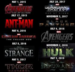 marvelsfuturepast:  Hello fans. Here’s the list of the upcoming Marvel Movies! And yes spoilers ahead for people who have not read the comics.  Where would thanos be in this?