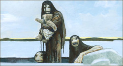 they-hide-in-the-dark:   Qalupalik - A humanoid creature from Inuit mythology, qalupaliks are water beings who live under the ice. They look like humans but they have long hair with green skin, long fingernails and ugly faces. They wear an amautit,