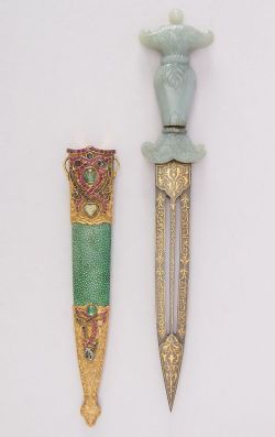 fuckyeahsexanddrugs:  art-of-swords:Dagger with Sheath Dated: 18th century Culture: Turkish Medium: jade, steel, gold, copper, shagreen, gemstone Measurements: L. with sheath 14 5/16 in. (36.4 cm); L. without sheath 13 5/16 in. (33.8 cm); W. 2 1/2