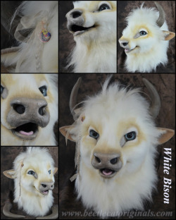 hoofedfursuits:White bison-head made by Beetlecat Originals (tumblr blog) in 2015From the video description: “An artistic liberty head project. The horns are cast from real bison horns and attached with screws. There is hair extensions wefted into the