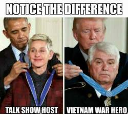whatareyoureallyafraidof:   You know what? I do see the difference!The guy on the left is awarding Ellen with the Presidential Medal of Freedom. That’s an award given to American citizens. The guy on the right is giving a veteran the Presidential Medal