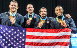 panamgames:  All with a proud Gold, the USA takes a sweep in various Men’s Freestyle Wrestling Finals thanks to Zach Rey, Brent Metcalf, Jordan Burroughs, and Kyle Snyder. 