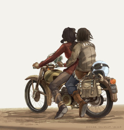 andiedraws:  Shippers gonna ship. Drawers gonna draw :)) — Some notes on the artwork: Asami is slouching because she is tall. Ahaha. Sorry if it looks uncharacteristic :) The bike is a 1950s Motoguzzi Falcone. LoK’s world aesthetic seems closer to