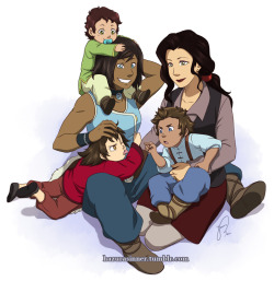 hazurasinner:  Korrasami family! So, I received a couple of asks about Korra and Asami starting a family, and I was like, WHY NOT?! XD They love children and know how to deal with them so I doodled three kids (I started with one but then my hand slipped.