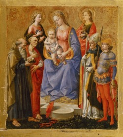 Pesellino (born Francesco di Stefano, ca. 1422-1457), Madonna and Child with six Saints, late 1440s; tempera and gold on panel, 22.5 x 20.3 cm; the Metropolitan Museum of ArtLeft to right of the observer, the Saints are Anthony Abbot, Jerome, Cecilia,