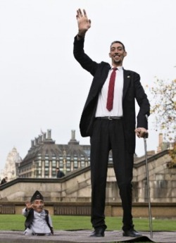 Le Népalais Chandra Bahadur Dangi (g), l'homme le plus petit du monde selon le Guinness Book des records, pose aux côtés de l'homme le plus grand du monde, le Turc Sultan Kosen, à Londres le 13 novembre 2014. (Photo Andrew Cowie)