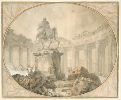 the-met-art:  Equestrian Statue of Marcus Aurelius by Hubert Robert, Robert Lehman CollectionMedium: Pen and black ink, brush and gray and brown wash, pale rose watercolor and white heightening over black chalk.Robert Lehman Collection, 1975 Metropolitan