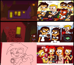 cdb2k3:  rayryan90:  a comic done for CDB2 and his “camp woody” series mr danny phantom and the robins (from teen titans and young justice) pull off the best peep show…..ever **robin’s wrist monitor hack face done by electricknite **   go