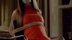 damsel-musings:Cute little scene here from a commercial for some French retail store, I believe. As near as I can tell, a bank full of cute girls is taken hostage by bad guys. Unfortunately, only 1 of the girls is bound and gagged. All the other girls