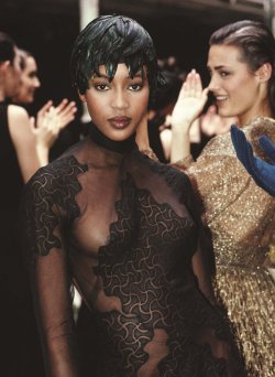 naomihitme: Naomi @ Azzedine Alaïa Fall/Winter 1988 This long black chiffon dress with an inlaid “tattoo” pattern from the fall 1988 collection was specially created for Naomi. It took six months to make and was a homage to both Madeleine Vionnet