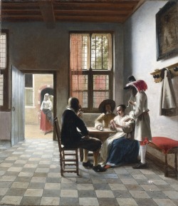 Pieter de Hooch (Dutch, 1629- 1684), Card Players in a sunlit Room, 1658; oil on canvas, 77.3 x 67.3 cm; Royal Collection, Buckingham Palace   “In the right-hand corner of a room with a wooden ceiling and a tiled floor a young lady and a gentleman are