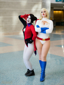 cosplayblog:  Submission Weekend!   Harley Quinn (left) and Powergirl (right) from DC Universe  Cosplayers: [Submitter] Callmepowergirl [TM / FB] (Powergirl) Anarchy Cosplay (Harley Quinn) Photographer: BAdeptPhotog  
