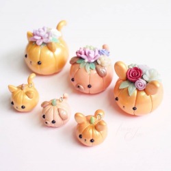 sosuperawesome:  Pumpkitty, Pugkin and Bunkin Figurines and Charms  From Jae on Etsy  See our #Etsy or #Figurines tags  