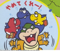 suppermariobroth: Three Baby Yoshis bringing down Ludwig von Koopa by hanging onto him and then magically growing into adult Yoshis, from the Japanese “Super Mario Adventure Game Picture Book 2: Mario and Baby Yoshi”.Main Blog | Twitter | Patreon