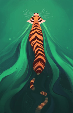 dailycatdrawings:  370: Swimming Tiger Was watching Planet Earth at work today and got inspired!  