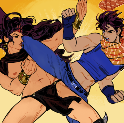 debonairbear:i did one of the most pointless things in the history of the universe and recreated a strong female pose image (courtesy of mr. greg horn) with jojo charactersi don’t think i’ve seen enough pics where joseph’s crotch is touching cars