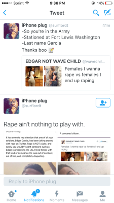 -imaginarythoughts-:  cleophatracominatya:  green-tea-and-blunts:  animericans:  here’s all the info on @papishanpoo who made a rape joke and used my photo to label me as “the female he ends up raping” please boost this   also here is the original
