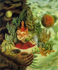 thinkmexican:  “What I wanted to express very clearly and intensely was that the reason these people had to invent or imagine heroes and gods is pure fear. Fear of life and fear of death.”- Frida KahloImage: Kahlo’s 1949 painting, “The Love Embrace