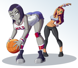 chillguydraws: ravenravenraven:   Raven and Star are about to get active! This was done for a request where they wanted to see Raven and Starfire in gym clothes.    Spoooooorrts.  lets play ball~ &lt; |d’‘‘‘