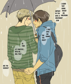 albino-angelo:  ErenJean under the umbrella ^_^ original by 鍋蓋 More comic and drawing at PIXIV: 42617485 Please visit the link and rate their work for support artist.(This post got the permission for uploading and translation from artist) 