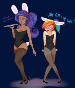 omgproductions:  Alright, last one. RD and Rarity in bunny outfits. Of course Rarity would be working it, and Rainbow Dash would be embarrassed as all fudge with a tanktop and shorts tan lines =u= I’ve been so lazy with backgrounds  X3! Okay I normally