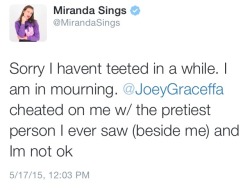 mickie310:  So Miranda moves on fast. joeygraceffa is now being replaced with Shane Dawson rickydillon and kingsleyyy