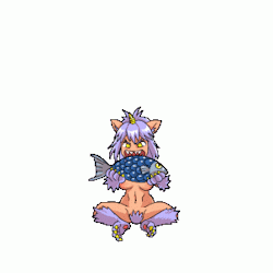 Game sprite of the nekomimi cat girl eating a fish, surely you could train one to be a good pet, although if she crawled into bed it be a LOT different than a domestic cat.