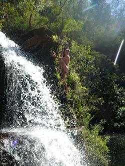 nudehiking:  Climbing up a waterfall on our most recent nude bushwalk: http://fatcanyoners.org/2013/04/21/nude-yoga-kanuka-brook/ 