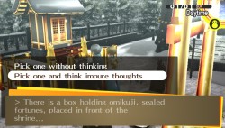 Yu and Chie simultaneously drawing &ldquo;Great Blessing&rdquo; fortunes at the Inaba Shrine during New Year&rsquo;s Day after one of them (or maybe both) does so while thinking &lsquo;impure thoughts&rsquo;. Kudos to Erin Fitzgerald imbuing a lot of