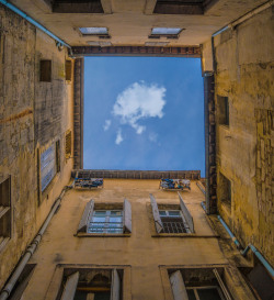 justenoughfocus:  Montpellier Courtyard If you walk the narrow streets of  villages and cities throughout France you notice doorways that lead to courtyards. As residents open the doors to the street I would get a glimpse of the courtyard beyond. In
