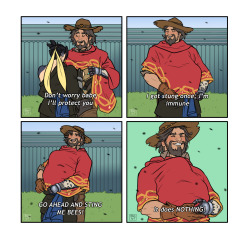 miusart:  Hello I’m a fellow McHanzo trash (I love them so much) and I say hi to the fandom with this silly thing requested by a friend. You cannot say Parks &amp; Rec + McHanzo and expect me not to draw it. Based on this: [EDIT]Now you can support
