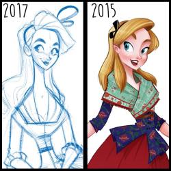 Just a side by side to show the Changes I am doing with Aurora! My style has changed so much in two years, I am more fluid with shapes now and I try to push proportions more in my designs, even though is the sketch, I already like her so much better now
