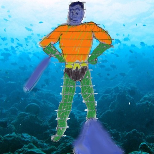 Aquaman drawn as if being made of water in an ocean scene, his costume leaking. 