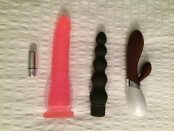 ready-set-letgo:sooo a few people on kik have been asking to see my toy collection, so here you have it! my most used toys are the rabbit and the dildo, along with the smallest pink plug and the black plug.