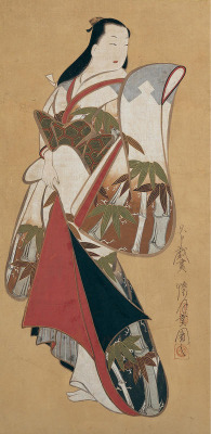japaneseaesthetics:  Standing Courtesan.  Kaigetsudō Ando (Japanese, ca. 1671–1743), Japan. Hanging scroll, mounted as panel; ink and color on paper.  A courtesan, statuesque and regal in pose, has paused her procession to glance back, perhaps to