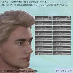  Head Morphs Resource Kit and Merchant Resource for Genesis 3 Male(s) This product contains 16 head morphs for Genesis 3 Male(s). It works with all Genesis 3 Male based Characters, like M7 etc. The product is also a merchant resource you can use to create