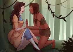 sleepysenshi:  korrasami / tarzan crossover for u anon!! i keep thinking if we stayed in the avatar universe it’d be like korra being born in the spirit swamp as a swamp bender and meeting asami when she decides to research spirit vines or smth. also