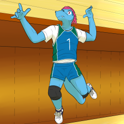 Pokeballers 2: Volleyball Boy TotodileBack from Mystery Dungeon Rescue Team, it’s Chompers, the totodile, and the captain of this volleyball team.  He’s also the ace, with strong spikes and great overall skills and athleticism.  Outgoing and friendly,