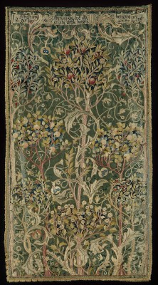 heaveninawildflower:  Portière made by Morris &amp; Co (1892–93). ‘Oak' green silk damask embroidered with silk (one of four). Designed by William Morris (1834–1896) and embroidered by May Morris (1862–1938). Text reads ‘Lo silken my