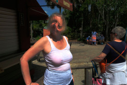   After the congo river rapids she had no option but to walk round the park like this till she dried off.   It didnt take too long but she got loads of second looks and I got some winks. Video of ride where she gets wet on my pageMore of my wife and