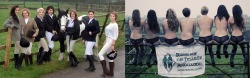 The Charity Naked Calendar 2012 of the students of the Leeds University Union Equestrian Society. Top picture (from left to right facing us): Sophie Dunstan &amp; Polly Young &amp; Laura Fielding &amp; Abi Bishop &amp; Emily du Luart &amp; Alice Geddes