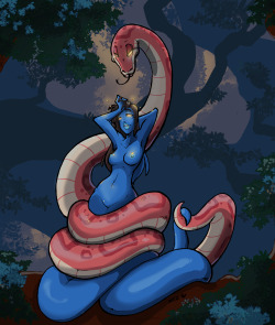 thatredsnakeguy:  neo-edo-exican:  Commission for @thatredsnakeguy! The truth is out I am afraid…there is a way to hypnotize and sway Blue Naga but it only when both partners have mutual trust in one another. It’s an oath you can not take lightly