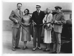 sweetheartsandcharacters:  The Barrow Gang: Buck (Gene Hackman), Blanche (Estelle Parsons), Clyde (Warren Beatty), Bonnie (Faye Dunaway) and C.W. (Michael J. Pollard), “Bonnie and Clyde” (Arthur Penn, 1967).  GRINDHOUSE