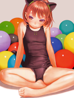 Gelbooru- Image View - 1girl animal ears arm support bare legs barefoot brown eyes brown hair cat ears fake animal ears futuregraph hairband highres indian style leaning back murata renji scan school swimsuit short hair sitting solo swimsuit taut clothes