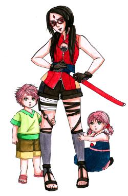 xenaphobiia:  hashtagartistlife:  sloppy unfinished design of older Sarada and her younger pink-haired fraternal twin siblings from this comicI like to think Sarada wears her hair in twin ponytails to imitate Tsunade, and that she got the sword from her