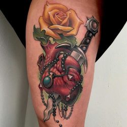 tattoosnob:  Heart &amp; Dagger tattoo by @aaron_springs at @reddaggertattoo in Houston, TX #aaronsprings #reddaggertattoo #houston #texas #dagger #daggertattoo #hearttattoo #heart #rose #rosetattoo #tattoo #tattoos #tattoosnob
