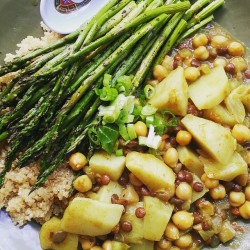 itssheenamae:  Sunday Vegan Feast! Quinoa cooked with homemade stock for more flavor, roasted asparagus that needed using up, and a fantastic potato, lentil, and chickpea brown curry. I’m in heaven without the foggy food coma and I’m ready for a walk